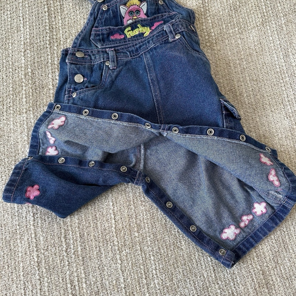 Vintage Furby Overalls Size 12 Months 90's Y2K Pink Denim Jeans Outfit Romper - Picture 7 of 14